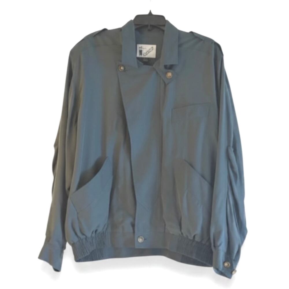 Vintage Goouch 100% Silk Bomber Jacket Dark Green Zip Front Size Large